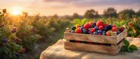 Fresh mixed berries in wooden crate at sunset farm field. Strawberries, blueberries and blackberries harvest ready for organic food market and healthy eating.