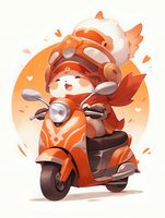 Cheerful cartoon character riding orange motor scooter wearing vintage pilot helmet and scarf, surrounded by heart shapes on warm gradient background.