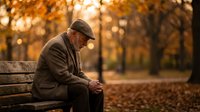 Elderly man in coat and cap sitting alone on park bench during golden autumn afternoon with warm sunlight filtering through orange foliage creating peaceful atmosphere.
