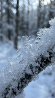 Macro shot of intricate ice crystals with rainbow light refractions on a frozen branch in a snowy winter forest.