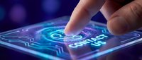 Hand touching futuristic holographic interface with glowing blue circuits and digital elements on smartphone screen representing advanced technology interaction.