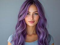 Young Caucasian woman with vibrant purple hair and blue eyes against neutral background, showcasing modern hair coloring trend for beauty and fashion industry.
