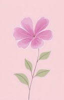 Delicate pink flower with sage green leaves on soft rose background, minimalist botanical line art illustration for wall decor, stationery, and feminine designs.