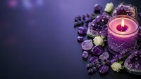 Purple candle glowing among amethyst crystals, dried lavender flowers and gemstones creating mystical spa atmosphere for meditation and wellness rituals.