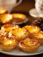 Traditional Portuguese egg custard tarts with crispy golden puff pastry and creamy vanilla custard filling served on white plate, close up view of fresh pasteis de nata.