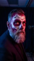 Middle-aged Caucasian man with gray beard wearing traditional Day of the Dead sugar skull face paint makeup with colorful floral designs and dramatic lighting.