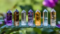 Colorful healing crystal points arranged in row on green leaf, including amethyst, citrine and clear quartz specimens with natural bokeh background.