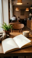 Cozy coffee shop scene with open book, latte art cappuccino, knitted blanket and small plant on wooden table creating warm atmosphere for reading and relaxation.