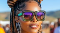 Young African American woman wearing oversized designer sunglasses with purple gradient lenses and braided hairstyle smiling outdoors on sunny day, fashion portrait closeup.