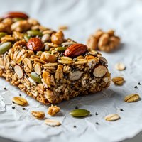 Homemade granola energy bar with mixed nuts, seeds and dried fruits on marble surface. Healthy protein snack for breakfast or post-workout nutrition.