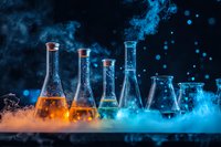 Laboratory glassware with colorful liquids surrounded by mysterious blue smoke and vapor on dark background, creating dramatic scientific atmosphere.