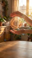 Female hands holding glowing golden orb of light energy in bright sunlit room with plants and wooden furniture, representing spirituality, healing, and power.