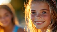Young caucasian girl with bright smile and blue eyes in warm sunset light, natural beauty portrait with soft bokeh background and golden hour glow.