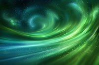 Swirling aurora borealis in green and blue colors against starry night sky creates magical atmospheric phenomenon with dynamic wave-like patterns.
