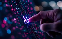 Glowing AI text with digital particles and finger touch on dark background with bokeh lights, representing artificial intelligence and future technology.