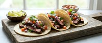 Beef tacos with fresh vegetables and toppings arranged on rustic wooden board, served with salsa and lime wedges for Mexican cuisine dining.