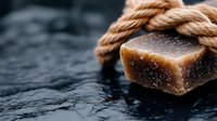 Artisanal salted caramel candy piece with rustic rope on dark textured background, macro food photography with selective focus and copy space.
