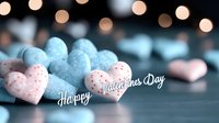 Romantic pastel heart-shaped candies in soft blue and pink colors arranged on dark surface with blurred bokeh lights and Valentine's Day greeting text overlay.