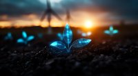 Glowing blue leaves emerge from dark soil at sunset, creating magical nature scene with ethereal light effects and bokeh background. Fantasy garden concept.