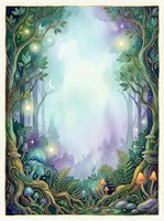 Enchanted forest scene with ornate tree frame, glowing lights, and mystical atmosphere featuring crescent moon, purple mist, and magical woodland setting for fantasy illustrations and storybook designs.
