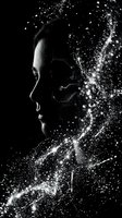 Young woman profile silhouette with flowing particle light trails in dramatic black and white composition for creative digital art projects.
