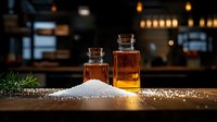 Glass bottles with essential oil or aromatic liquid on wooden surface with scattered salt and herbs, illuminated by warm ambient lighting in dark atmosphere.