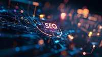 Glowing SEO text on futuristic network background with blue digital connections and orange bokeh lights creating modern technology visualization for marketing concepts.