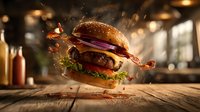 Juicy beef burger with melted cheese, fresh vegetables and sesame bun floating above rustic wooden table in restaurant atmosphere.
