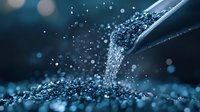 Sparkling glitter powder falling from glass container on dark background with bokeh effect, creating magical atmosphere for cosmetic and luxury designs.