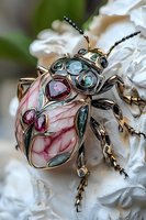 Ornate jewelry brooch in shape of beetle with pink and green gemstones, metallic details, and intricate design on white textured background. Macro photography.