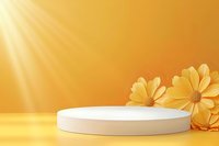 White round podium display with yellow daisies on golden background illuminated by diagonal sunbeams, minimal product presentation stage for cosmetics or jewelry.