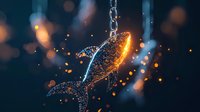 Glowing digital shark silhouette made of luminous particles suspended on chain against dark background with bokeh light effects.