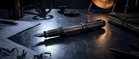 Precision engineering tool lying on dark workbench with technical blueprints, mechanical parts, and professional equipment for industrial manufacturing and technical design projects.