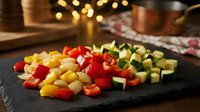 Fresh diced vegetables on dark slate board with warm bokeh lights creating cozy cooking atmosphere for healthy meal preparation and culinary content.