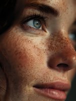Close-up portrait of young Caucasian woman with freckles and green eyes looking up with natural lighting for beauty and skincare concepts.