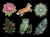 Six boho sticker elements isolated on transparent background: peony, fox, mandala, botanical branch, owl, and feather. Ready for t-shirt design, clipart, print on demand, sublimation.