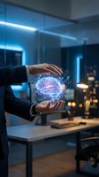 Businessman hands protecting glowing digital brain hologram with neural networks in modern office environment for AI technology and innovation concepts.
