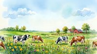 Pastoral watercolor landscape with dairy cows grazing in green meadow near red barn farmhouse under cloudy sky for agricultural and rural lifestyle designs.