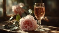 Elegant pink rose with champagne glass on wooden table creating romantic atmosphere for celebration or special occasion.
