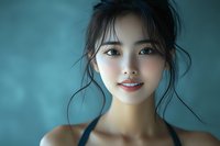 Young Asian woman with natural makeup and gentle smile against turquoise background. Soft lighting creates dreamy mood. Dark hair styled in casual updo with loose strands.