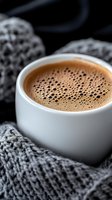 Fresh hot chocolate with tiny bubbles in white ceramic cup wrapped in cozy gray knitted scarf on dark background, close-up view with selective focus.