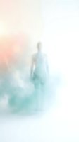 Ethereal figure emerging from soft turquoise and peachy mist, symbolizing spiritual awakening, transformation, and transcendence for wellness and meditation concepts.