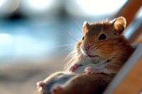 Adorable ginger hamster with tiny paws resting in soft natural lighting, close-up portrait showing curious expression and fuzzy fur texture against blurred background.