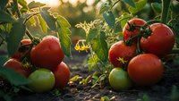 Fresh ripe red tomatoes growing on vine in organic garden with green leaves and warm sunlight creating natural agricultural harvest scene.