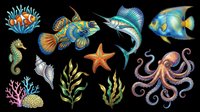 Colorful marine life collection featuring fish, seahorse, starfish, octopus, and seaweed isolated on transparent background. Ready for t-shirt designs, clipart, stickers, and print-on-demand products.