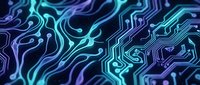 Glowing neon circuit board patterns with flowing cyan and purple lines creating an abstract technological background for digital design and tech concepts.