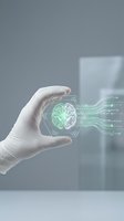 Hand in medical glove holding holographic brain with digital circuits representing artificial intelligence and healthcare technology innovation.