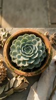Green succulent plant in terracotta pot on rustic wooden surface with natural sunlight and dried flowers creating cozy home garden atmosphere.