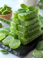Fresh cut aloe vera leaves stacked on black stone board, showing clear gel texture inside. Natural skincare and wellness concept with green succulent plant.