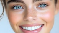 Close up portrait showing bright white smile, natural freckles, and striking blue eyes with soft glowing skin and minimal makeup for beauty, dental and skincare advertising.
